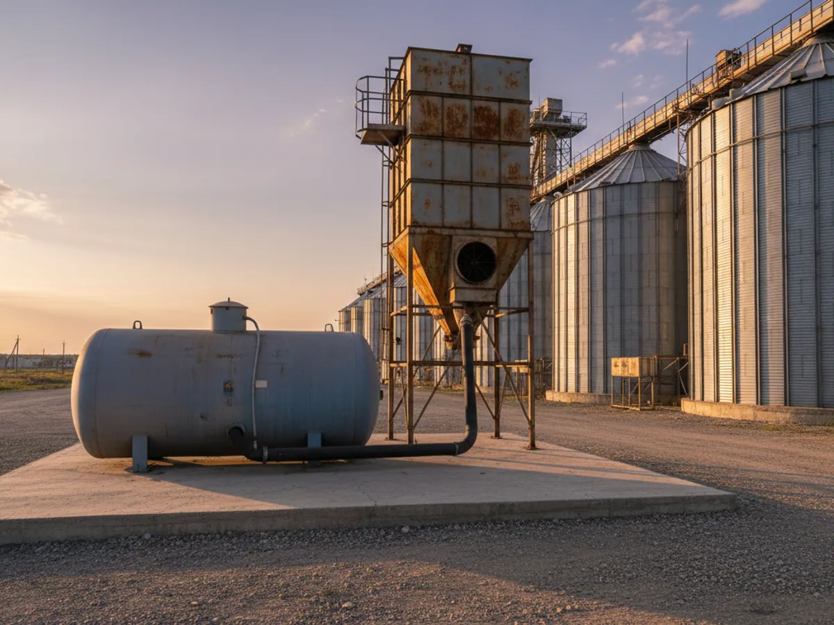 A grain dryer and a horizontal fuel tank on a concrete apron beside the elevator