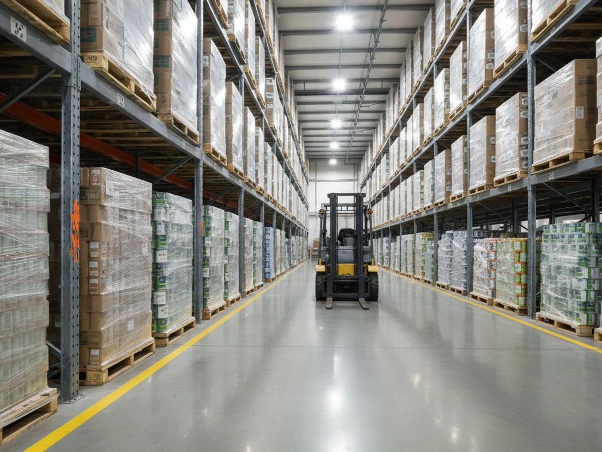 A forklift in the aisle between racks, with a fresh dent in one of the rack uprights