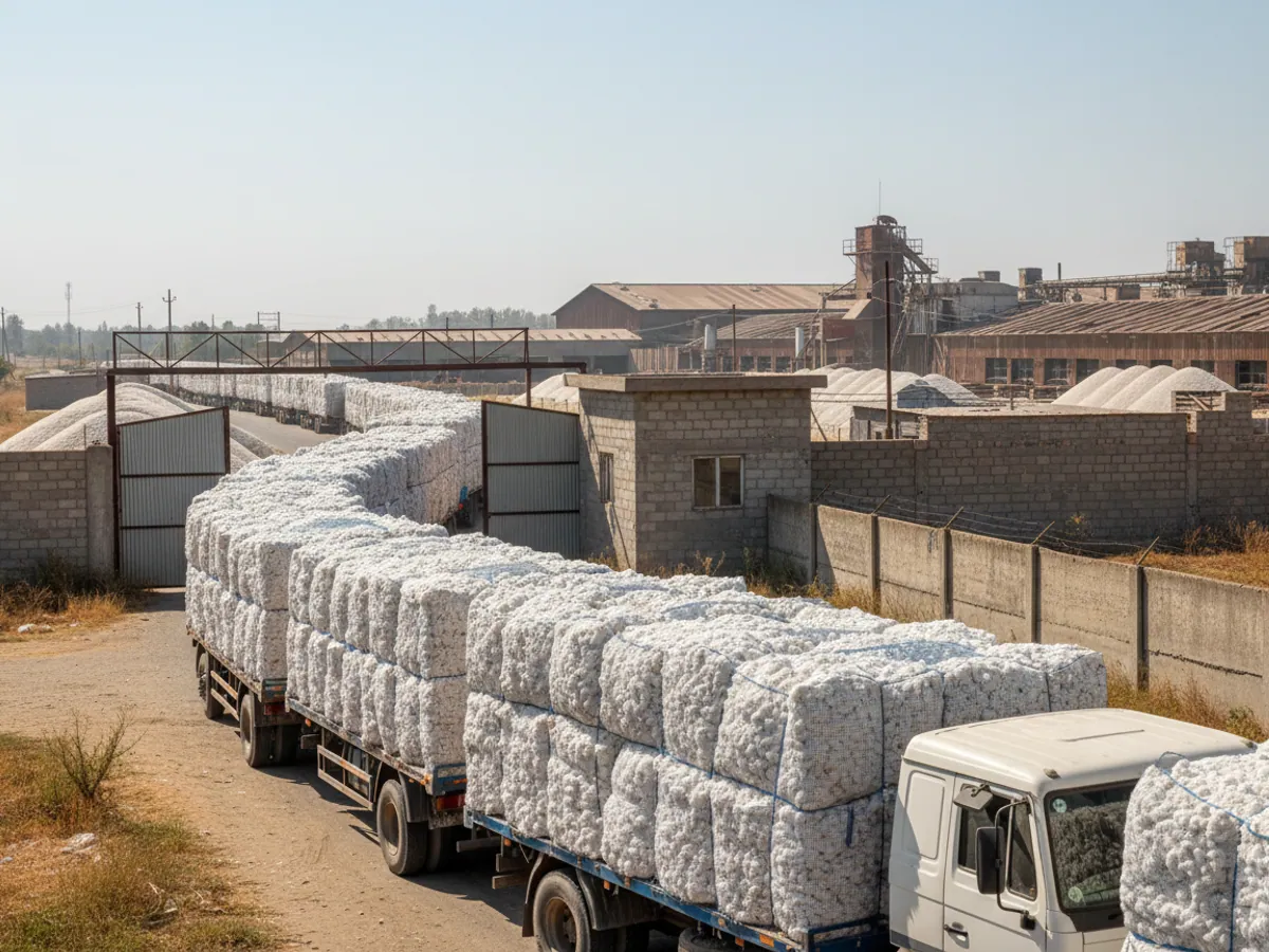 Lorries loaded with seed cotton lined up in a queue at the gates of a cotton ginning plant