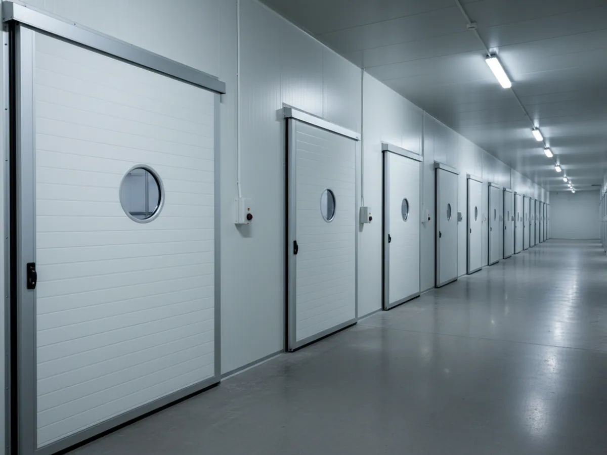 A store corridor lined with the insulated doors of cold chambers