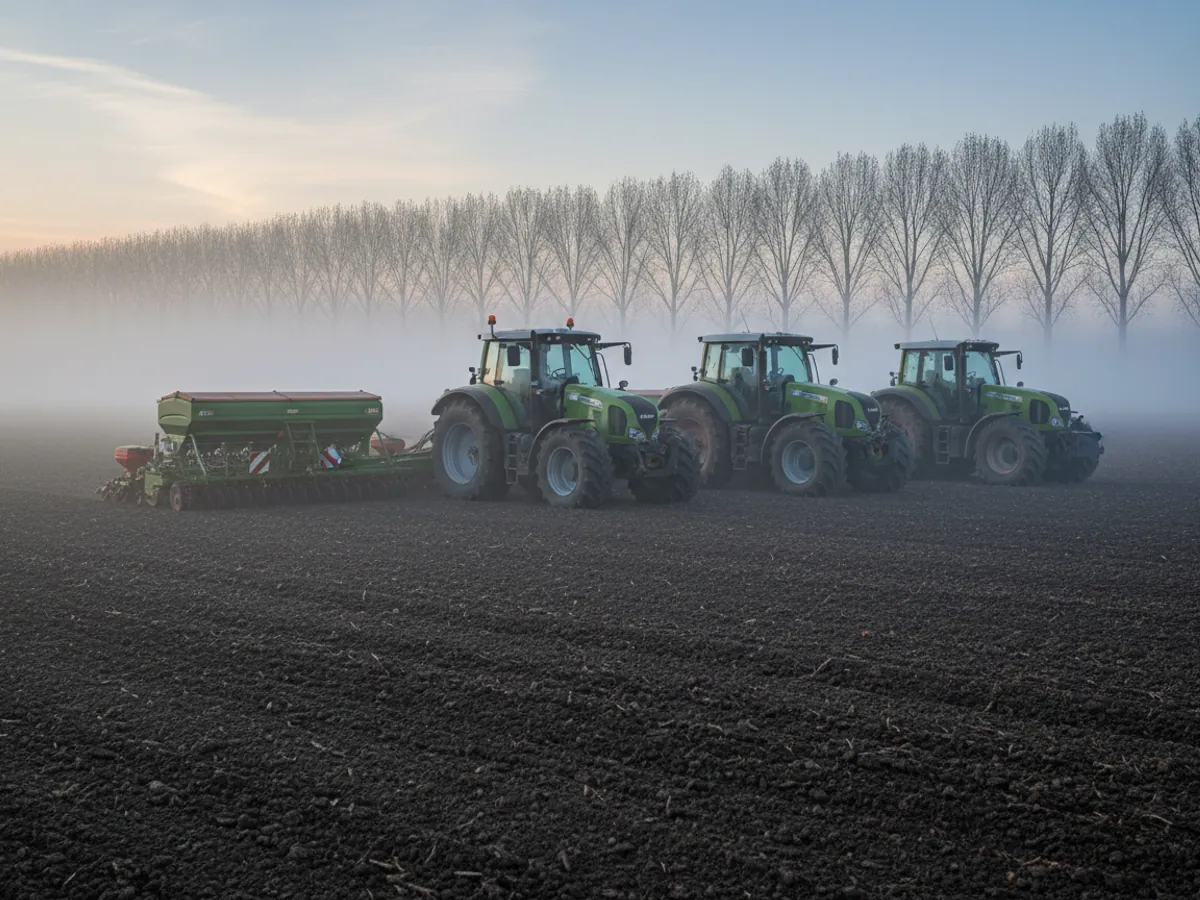 Dumanlı yaz səhərində səpiciləri olan üç traktor tarlanın kənarında sıraya düzülüb