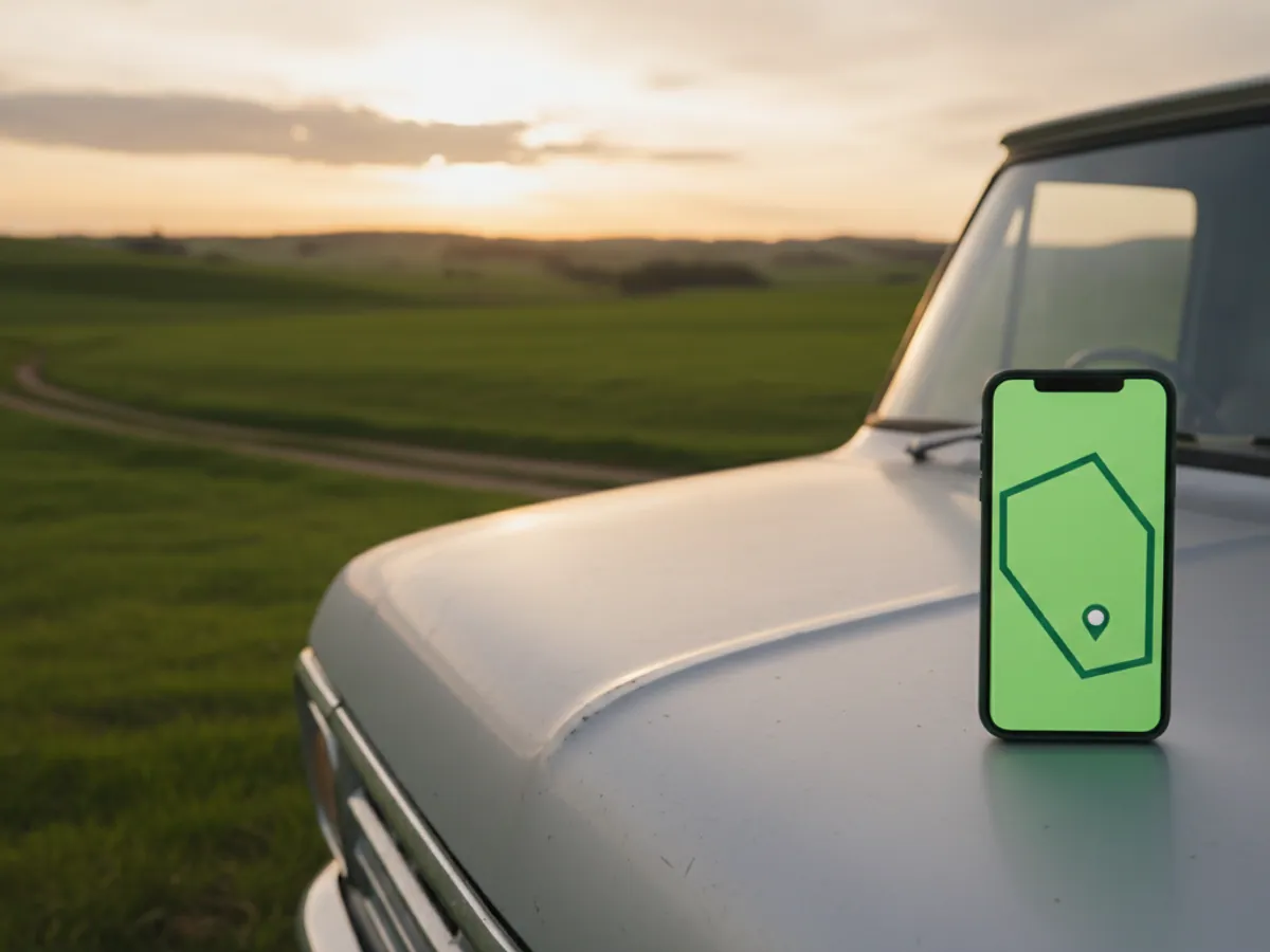 A smartphone on the bonnet of a pickup showing a pasture outline and a point outside its boundary