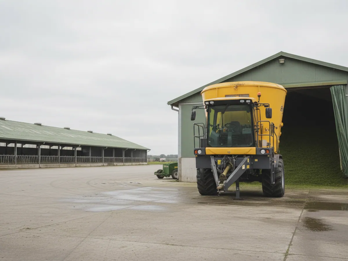 A feed mixer at a silage clamp, with the long farm buildings in the background