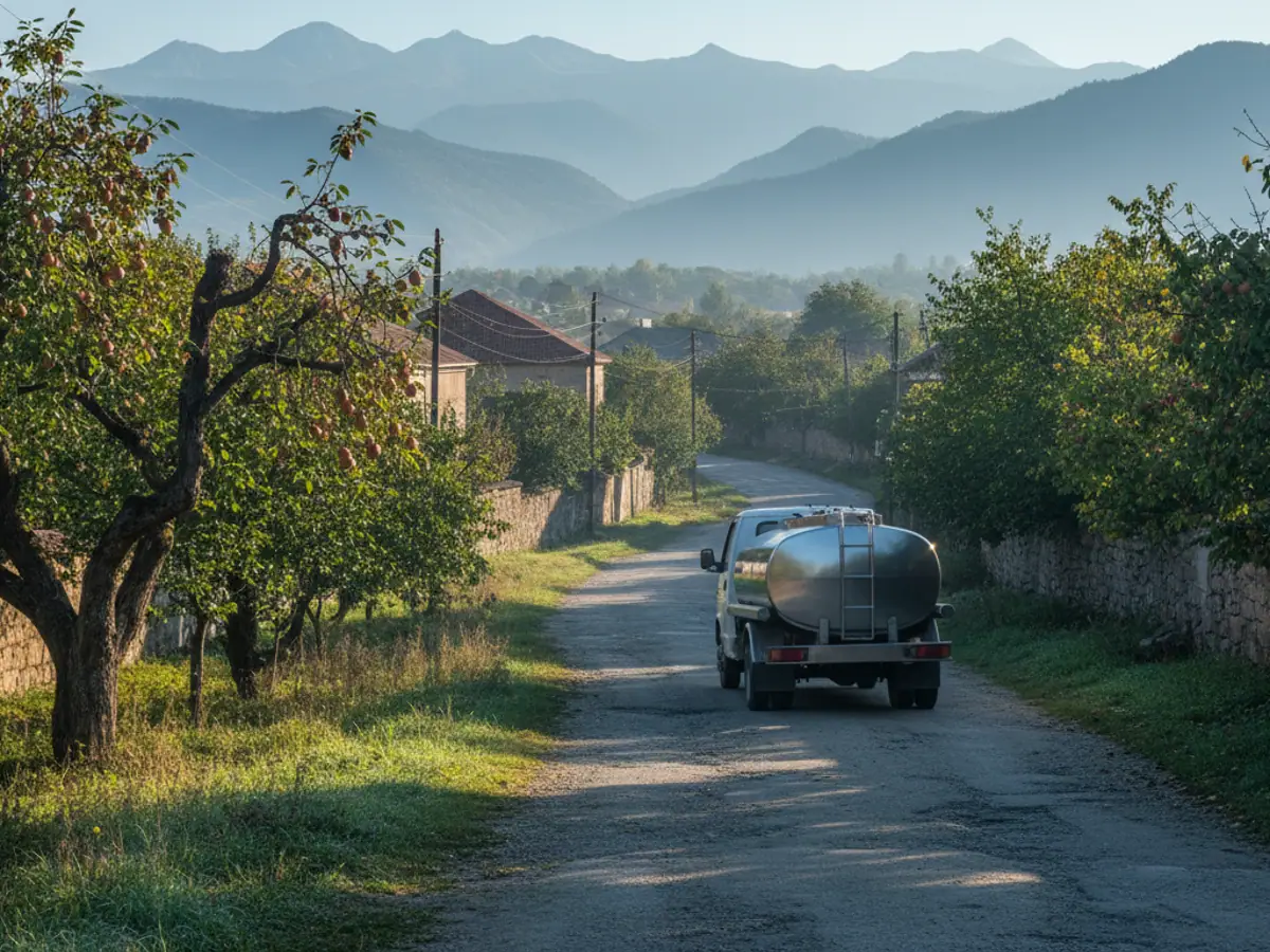A stainless steel milk tanker driving along a country road between orchards in the morning