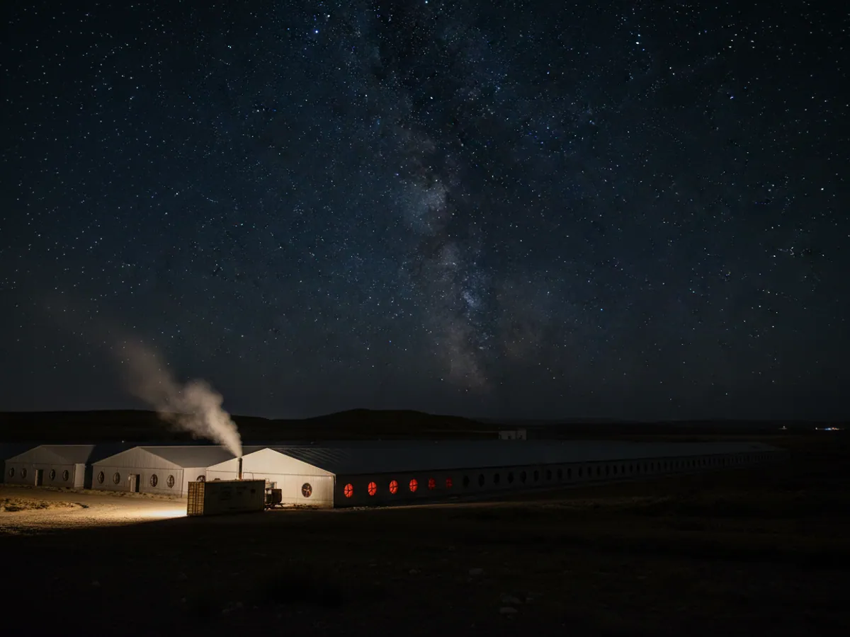 Night at a poultry plant: dark buildings and a diesel generator running under a lamp