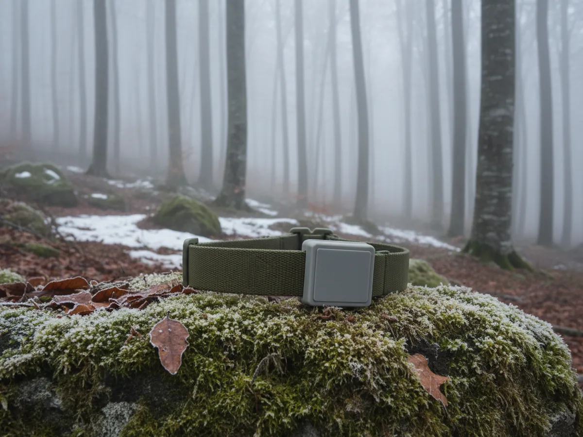 A tracker collar lying on a mossy boulder at the edge of a frosted mountain forest