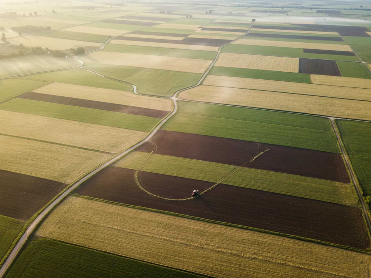 Yuxarıdan kanallarla bölünmüş yamaq-yamaq tarlalar, tarlalardan birində traktor işləyir