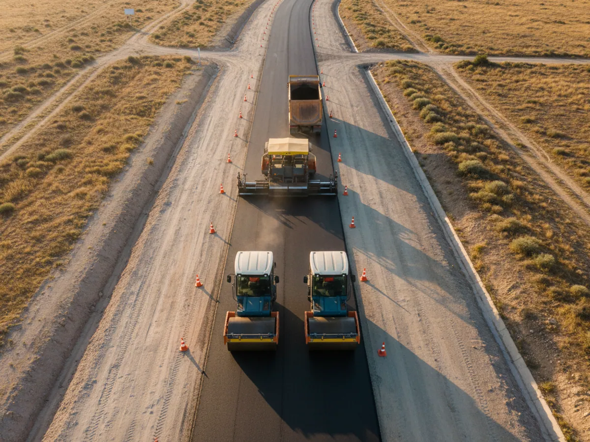 A tipper discharging hot mix into an asphalt paver, with two rollers following down the lane