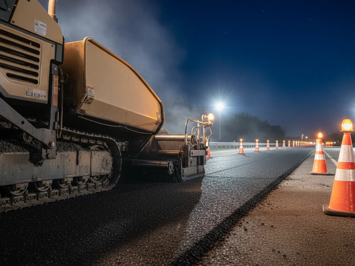 An asphalt paver laying a fresh course on a highway at night, steam rising from the hot asphalt