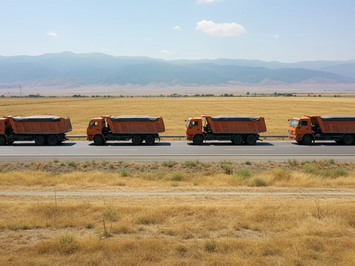 Five tippers with sheeted loads of mix driving along the highway at even intervals