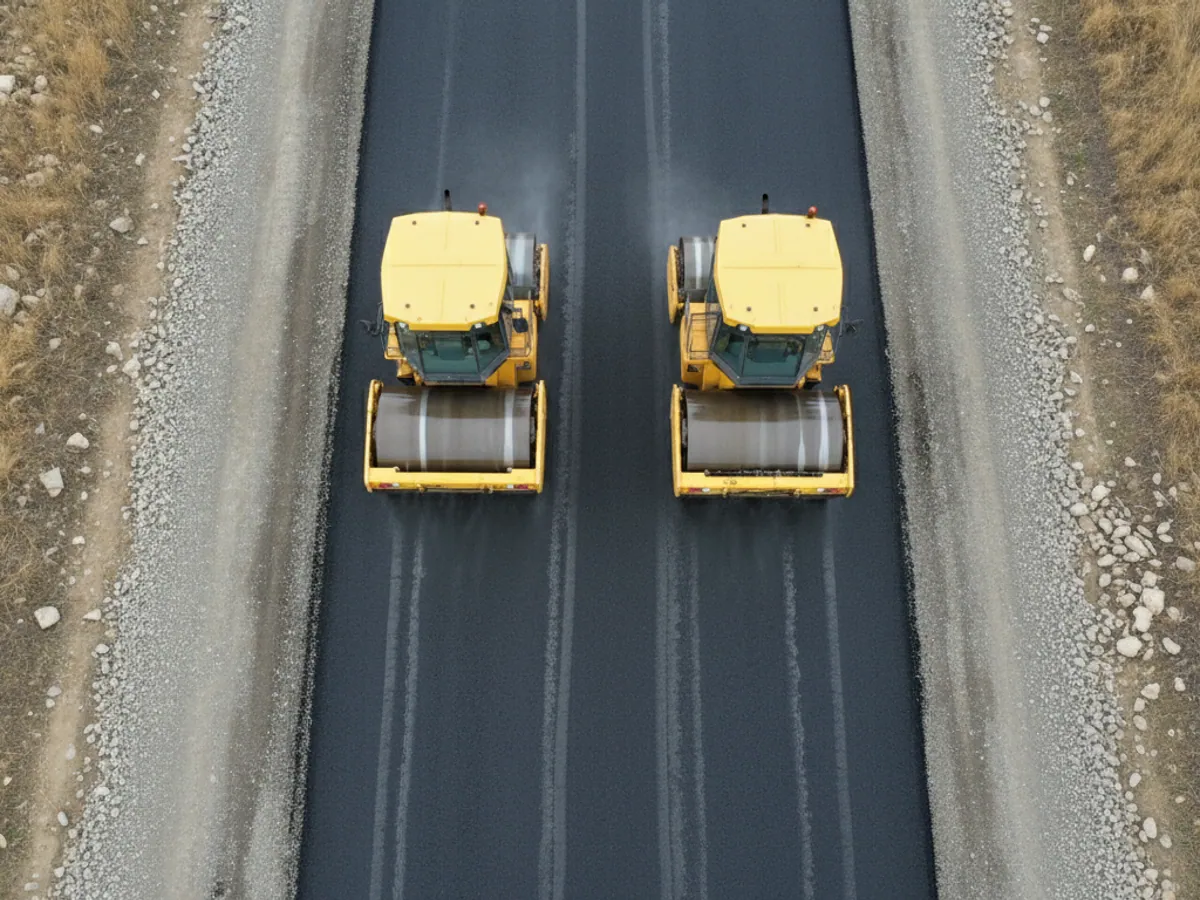 An overhead view of two rollers on fresh asphalt with bands of overlapping passes