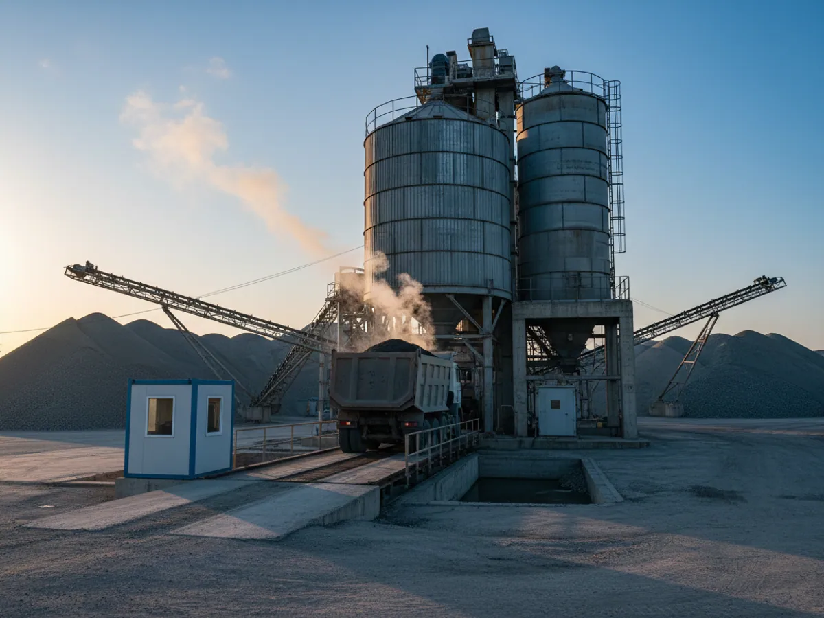 A tipper on the weighbridge platform beneath the silos of an asphalt plant in the early morning