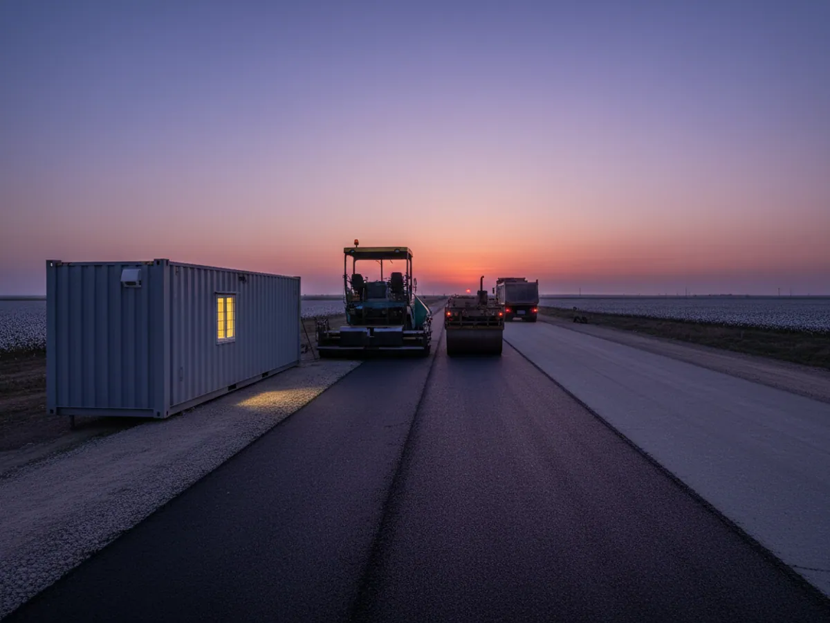 A site cabin with a lit window beside a freshly laid lane of highway, a paver and roller in the distance