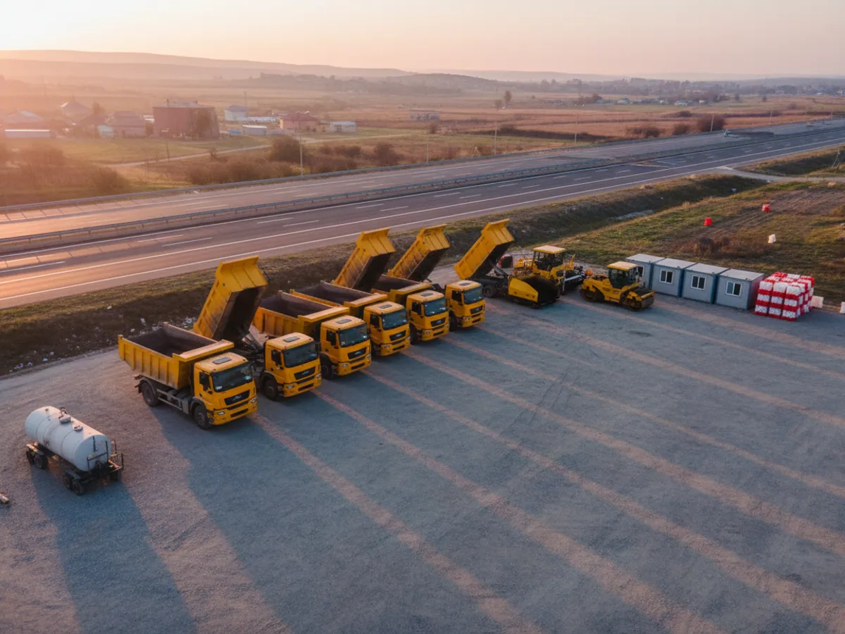 Six tippers, a paver and a roller drawn up in a row on a compound beside the highway at dawn