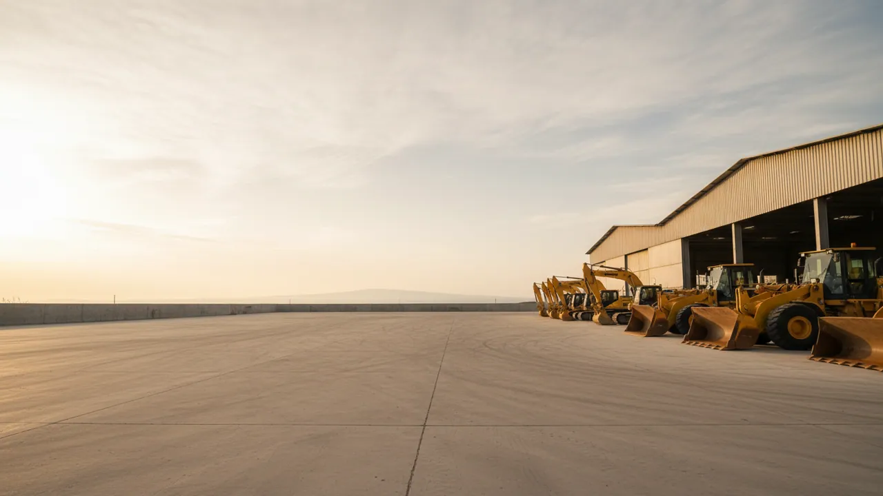 Excavators and loaders with their buckets lowered standing in a row outside a repair shed
