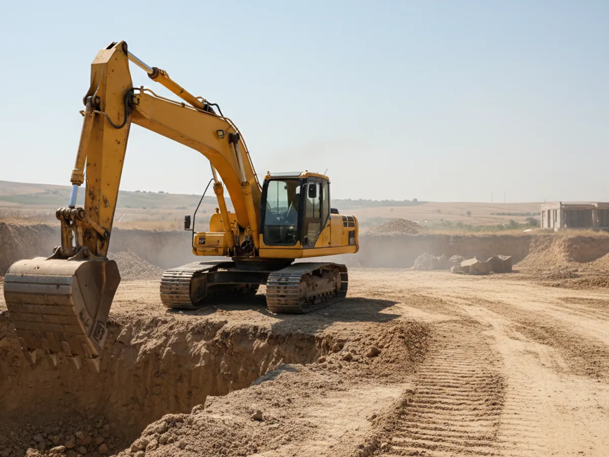 An excavator with its bucket down, engine running, standing at an empty loading bay