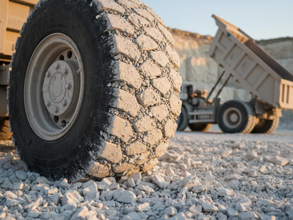 A close-up of a tipper tyre on sharp crushed stone in a quarry