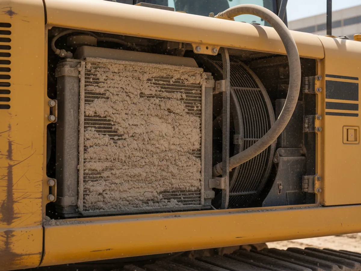 The open engine compartment of an excavator, the radiator core clogged with grey dust