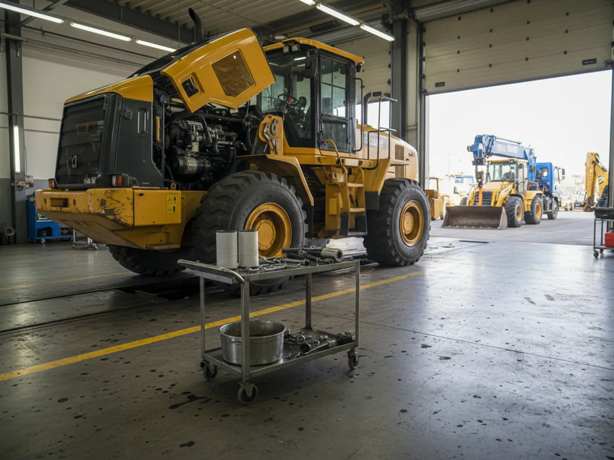 A loader in a repair bay with its bonnet up, new filters on a trolley