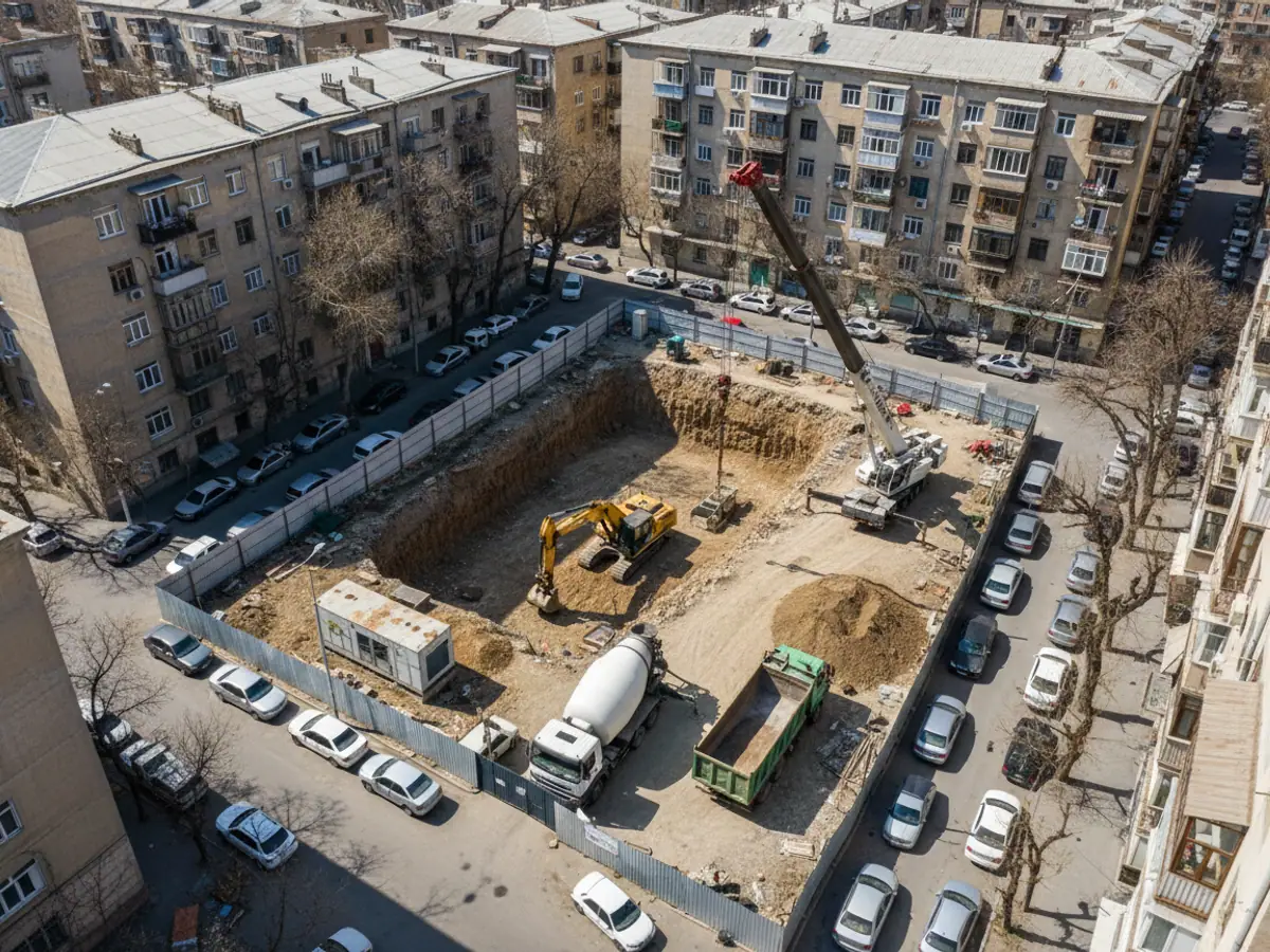 Городская стройплощадка между жилыми домами: экскаватор в котловане, автокраны, миксер и самосвал