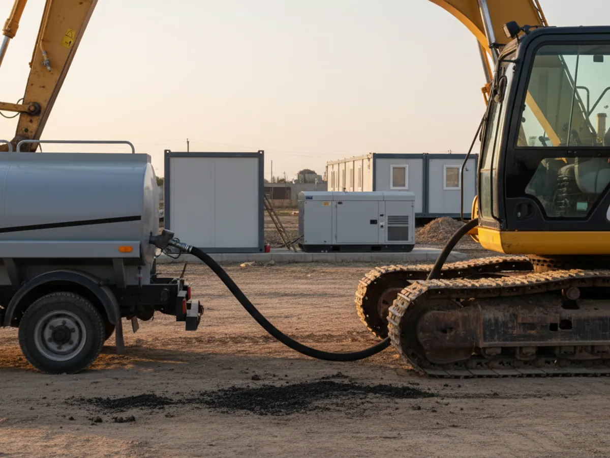 The hose of a fuel bowser in the filler neck of a tracked excavator on a construction site