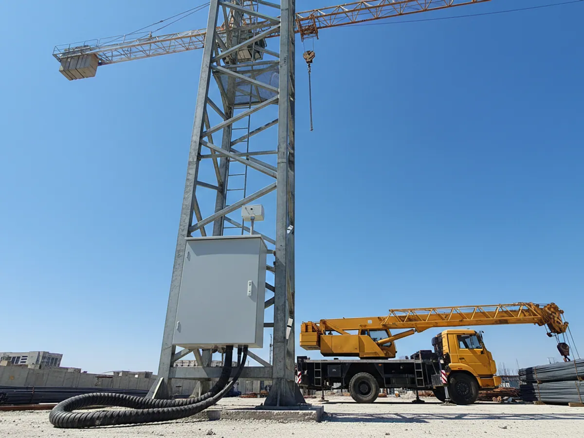 A power cabinet and supply cable at the base of a tower crane, with a mobile crane on outriggers nearby