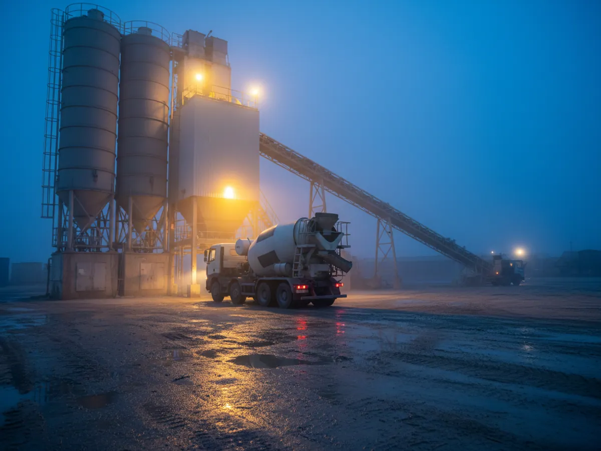 A concrete mixer truck pulling out from under the loading point of a batching plant in the blue dusk