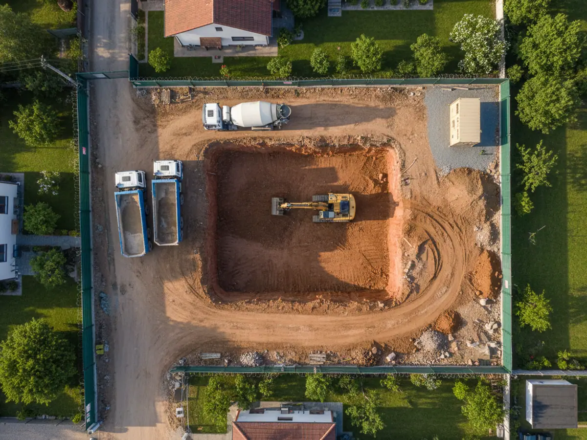 An overhead view of an excavation with an excavator, tippers at the ramp and hoarding around the perimeter