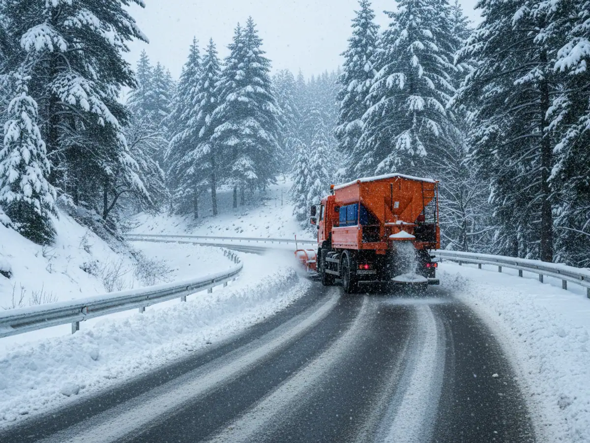 A snowplough lorry with its blade down and spreader running clearing a mountain road