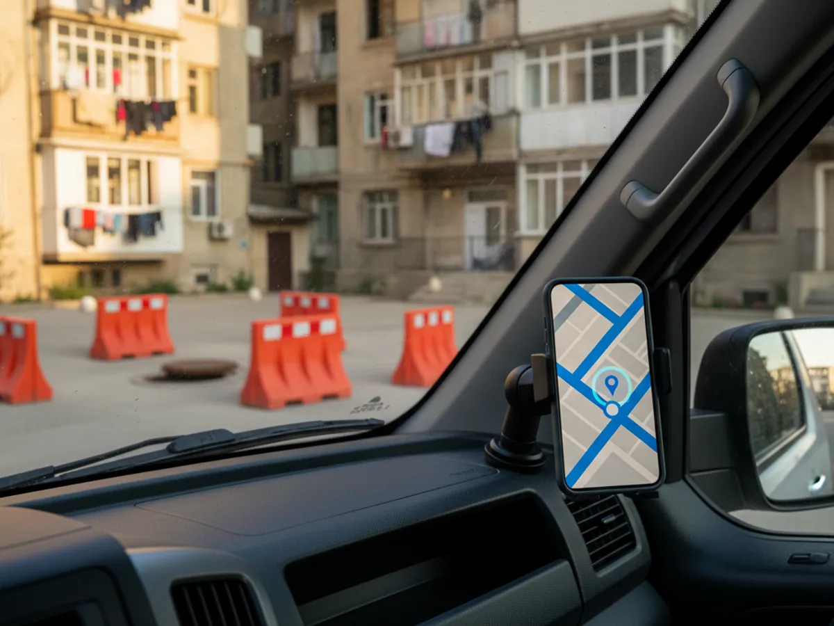 A smartphone showing a map on the dashboard of a works van, an open manhole in a yard beyond the windscreen