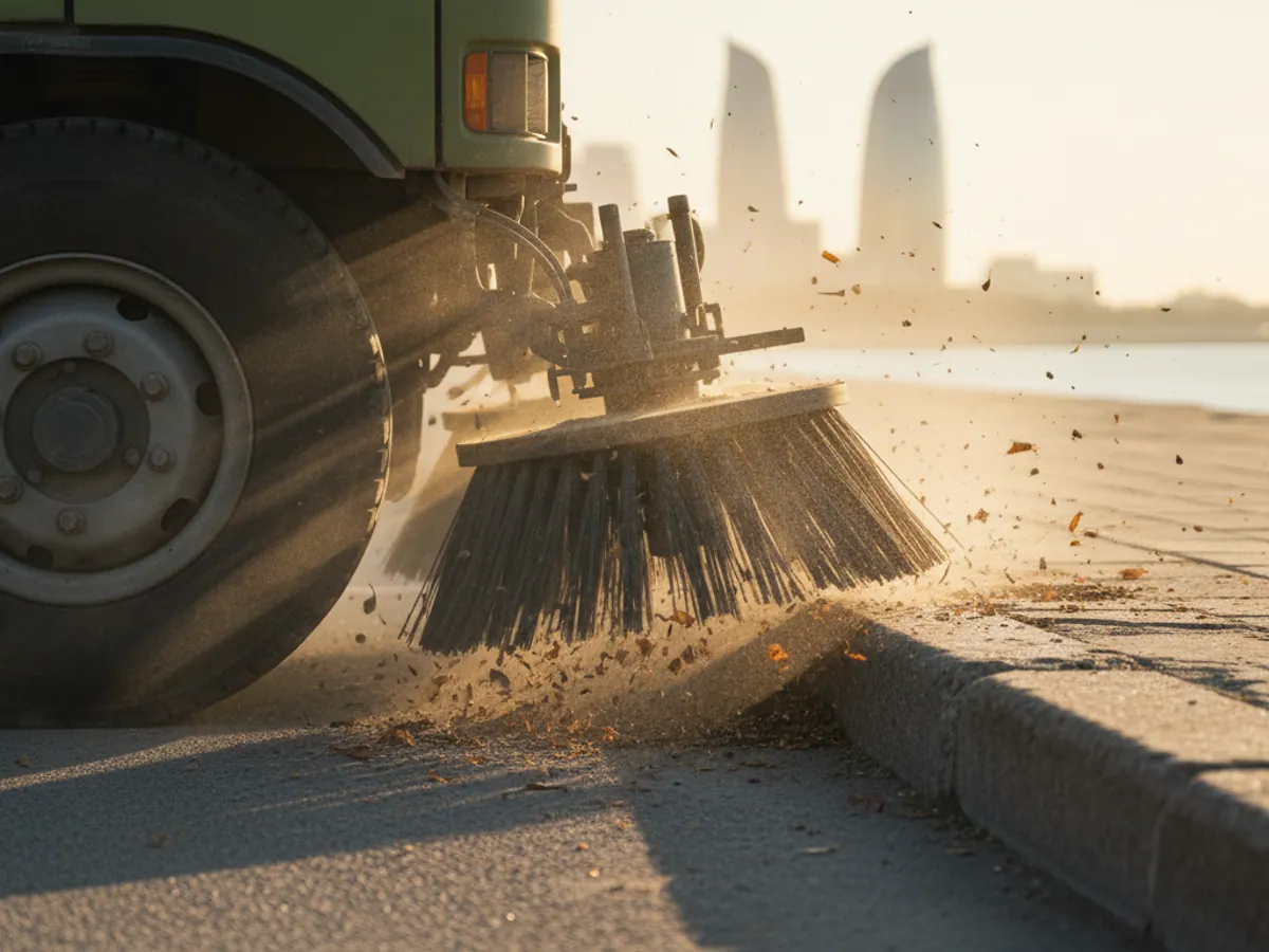 The turning side brush of a road sweeper clearing debris along the kerb in the morning