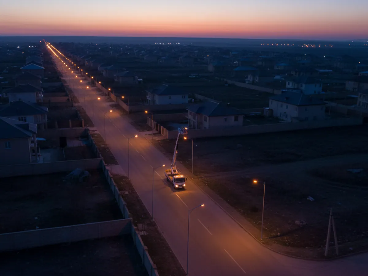 A row of lit street lamps along a suburban road, with a vehicle and platform hoist at one of them