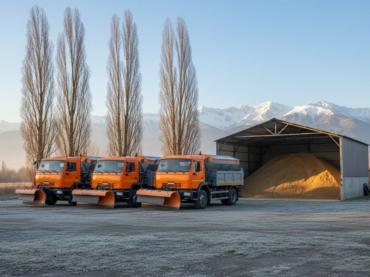 A highways depot at the foot of the mountains: lorries with blades and a covered grit store