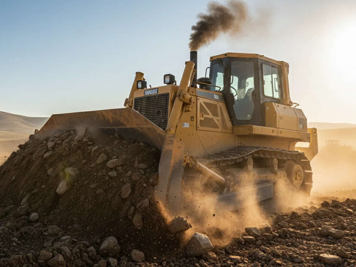 A bulldozer pushing a bank of soil ahead of its blade, smoke coming from the exhaust stack