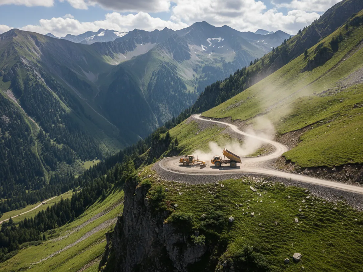 A grader and a tipper building a mountain road in Karabakh, dust hanging over the road