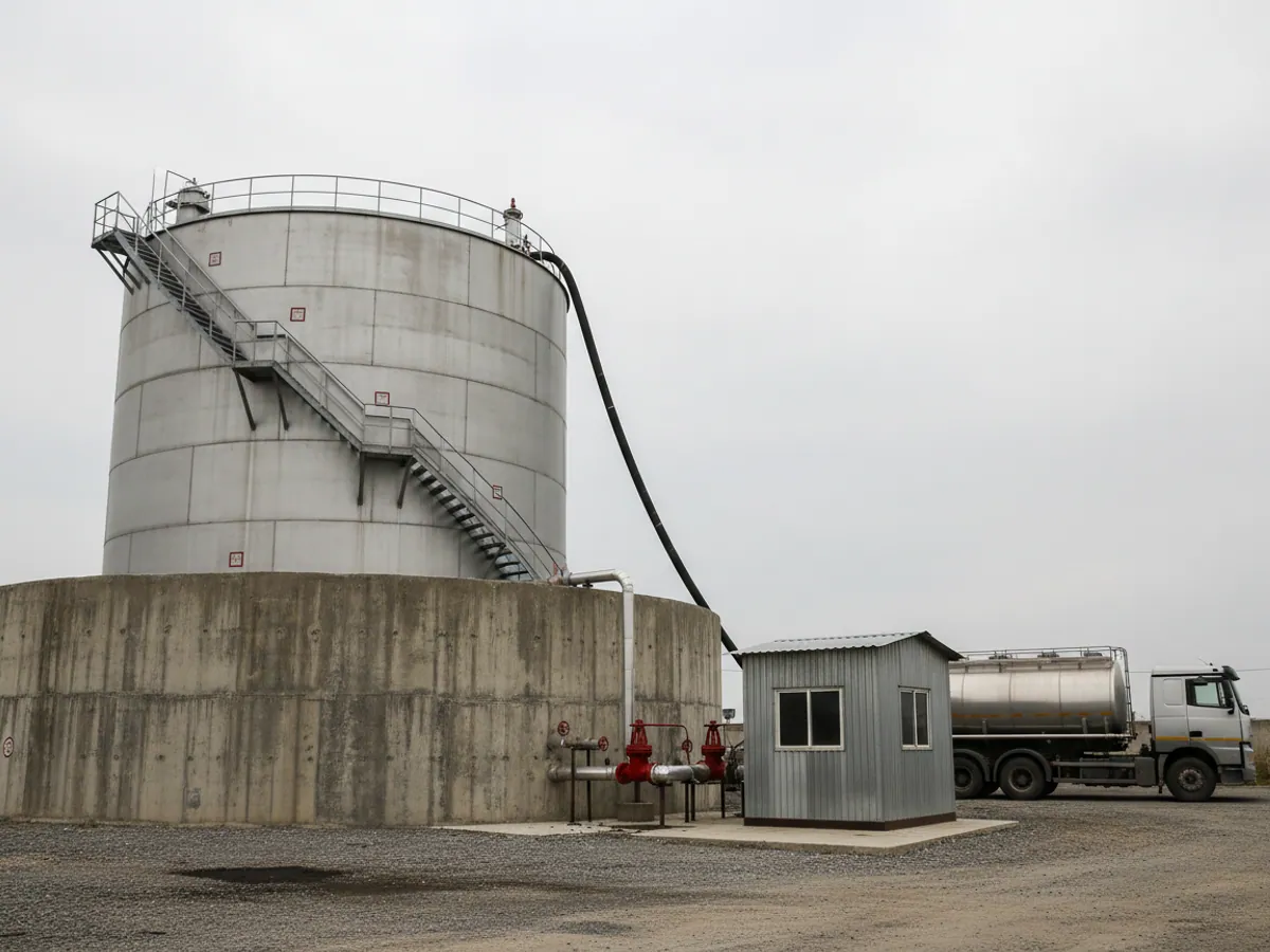 A fuel bowser beside a fixed diesel storage tank