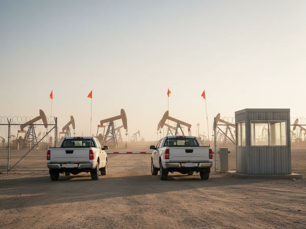 Two pickups waiting at a lowered barrier at the entrance to an oilfield