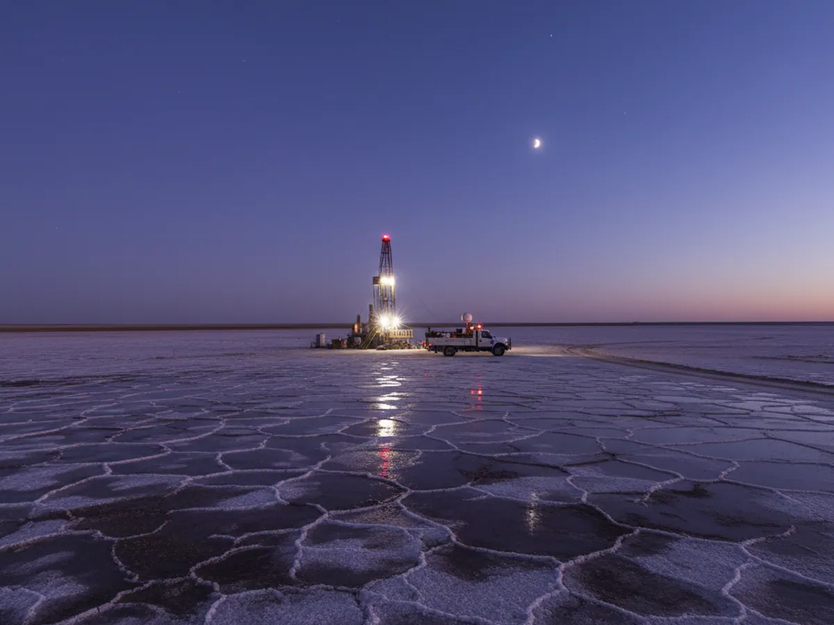 A lit drilling rig and a service lorry with an antenna in a deserted lowland at twilight