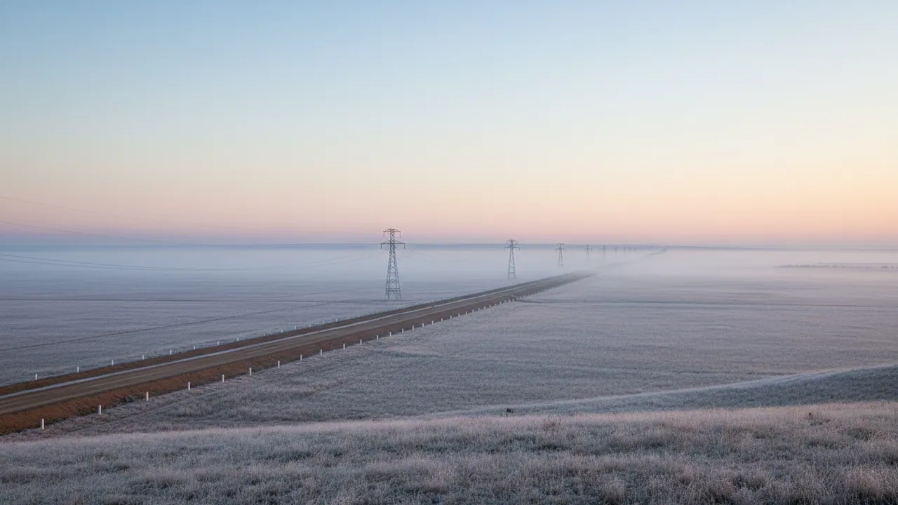 A pipeline right of way with marker posts running across frosty steppe, a transmission line in the distance