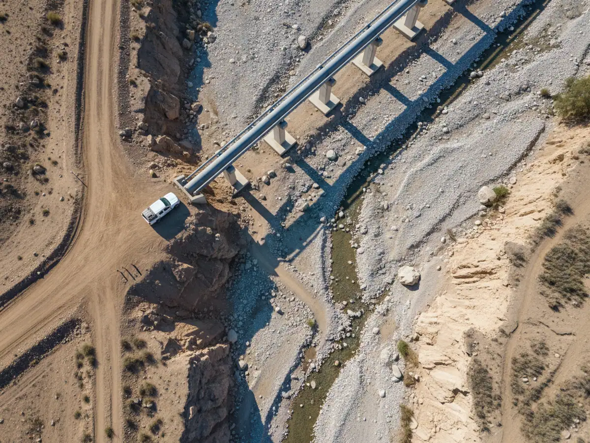 An aerial view of a pipeline crossing a dry riverbed, with a pickup stopped at the edge of the gully