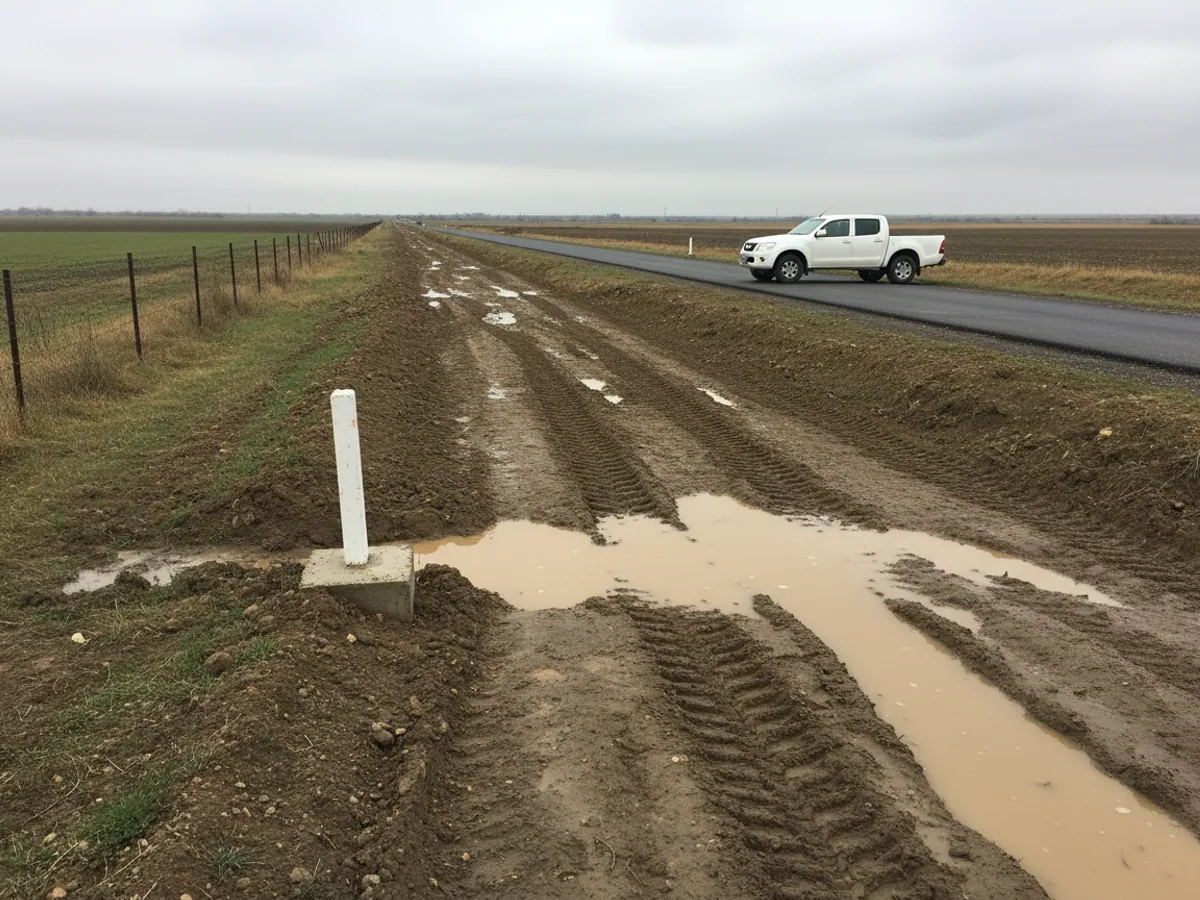A washed-out dirt track along a pipeline with caterpillar marks, a pickup on the tarmac in the distance