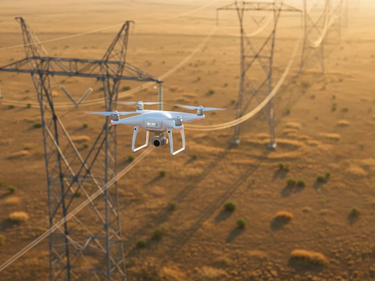 A white quadcopter flying along a high-voltage line above the steppe at sunset