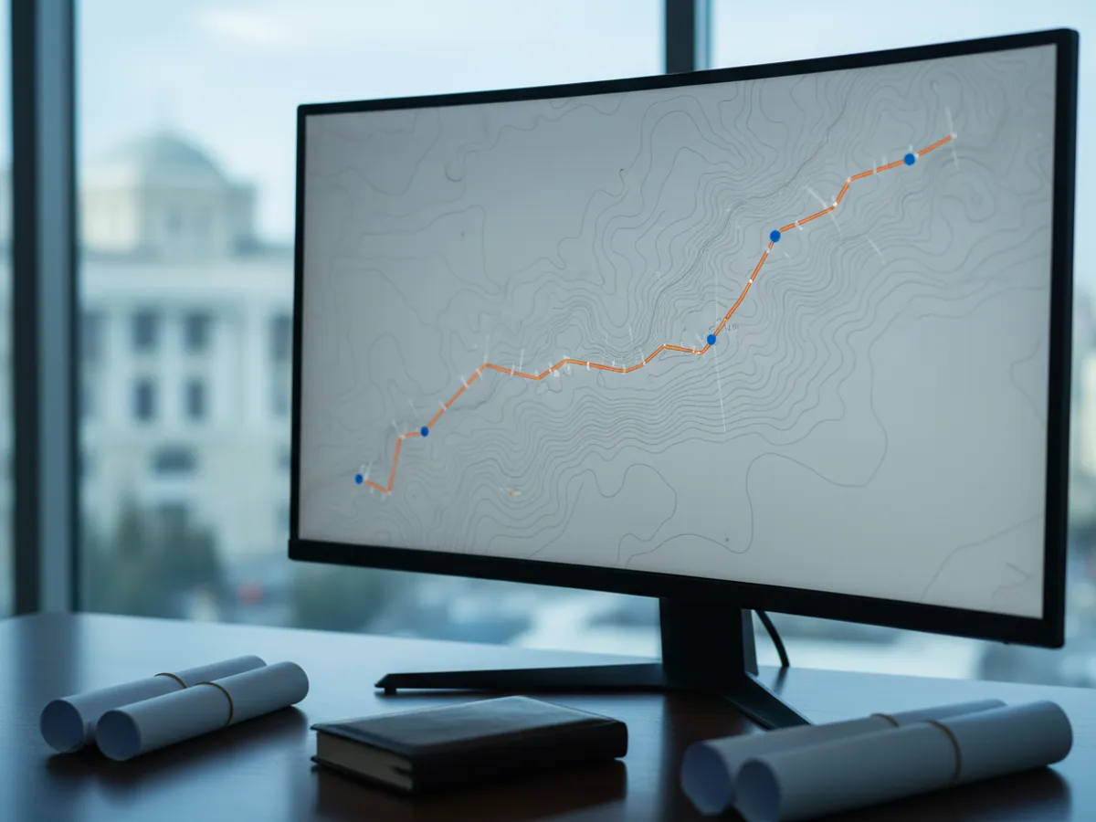 Trassın sxemi və maşınların nöqtələri olan monitor, masanın üstündə bükülmüş cizgilər