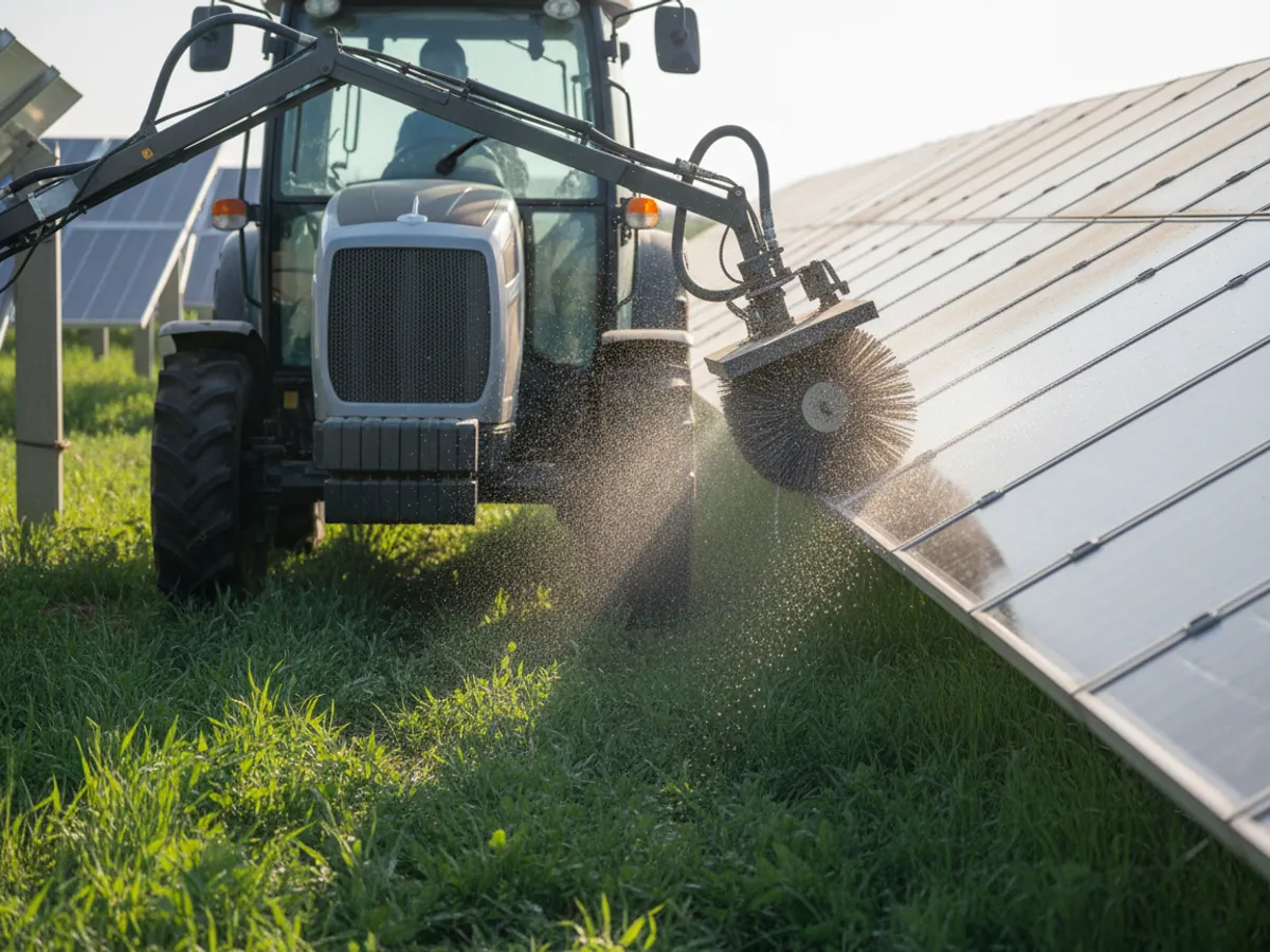 A tractor-mounted washing rig cleaning a row of solar panels with a brush and water
