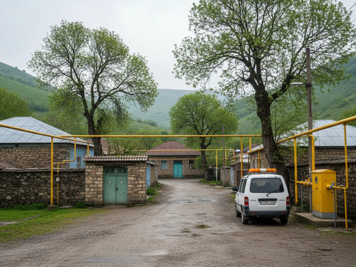 Жёлтые газовые трубы вдоль сельской улицы и аварийный фургон у газового шкафа