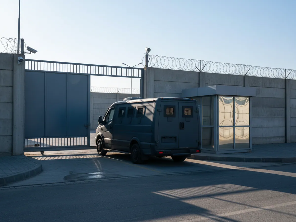 An armoured van driving out through the sliding gates of a guarded cash centre in the morning