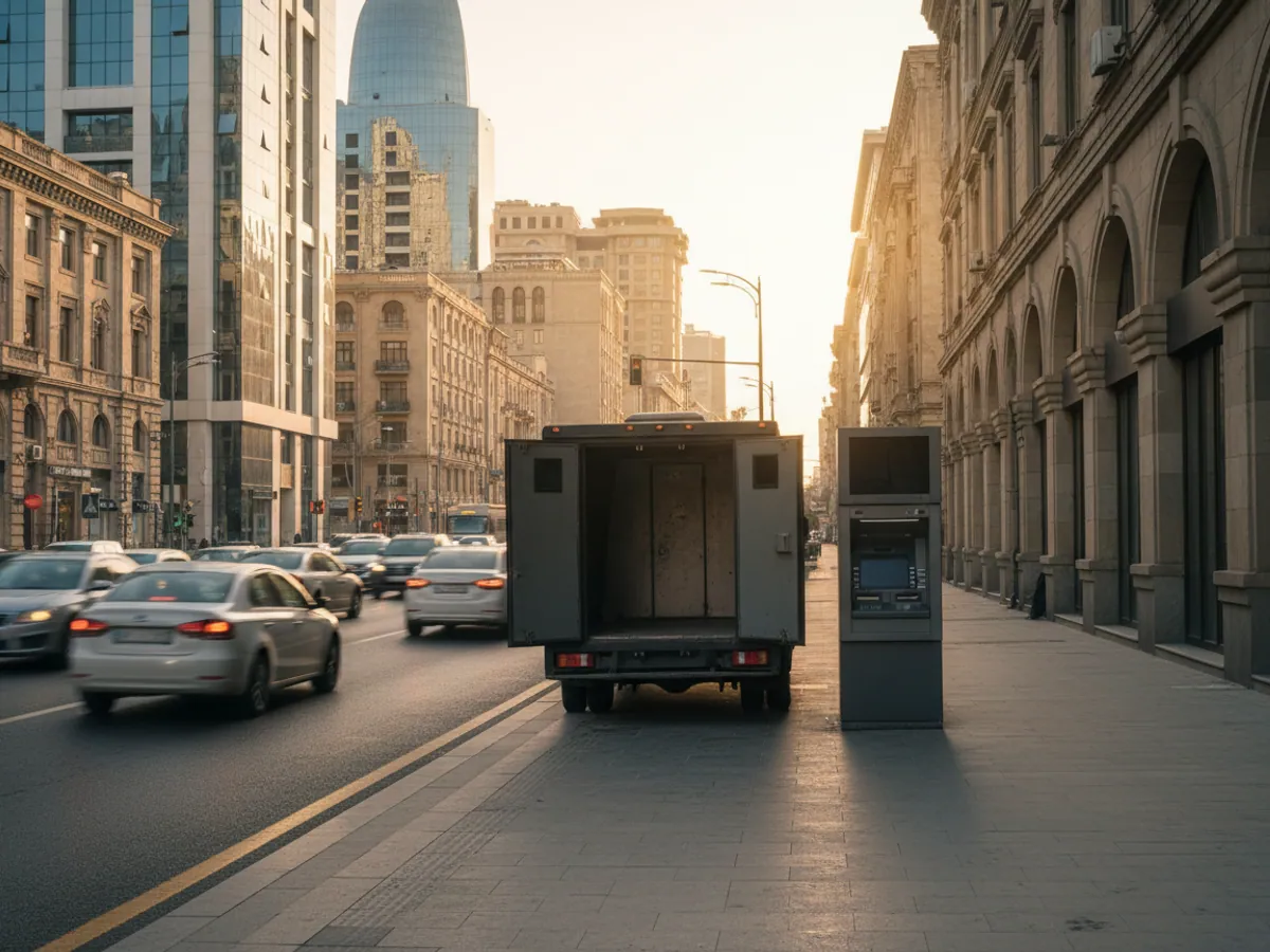 A cash-in-transit armoured van beside a free-standing ATM kiosk