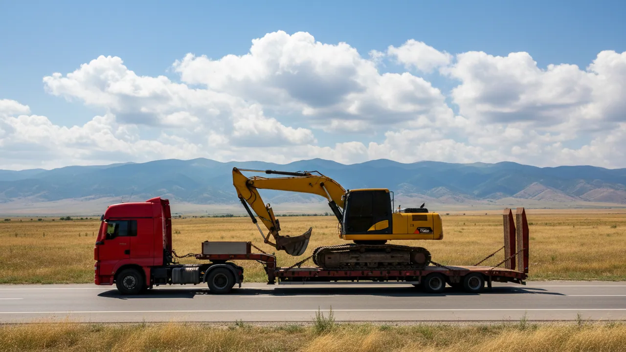 A tractor unit hauling a yellow excavator on a low-loader along a road towards the mountains