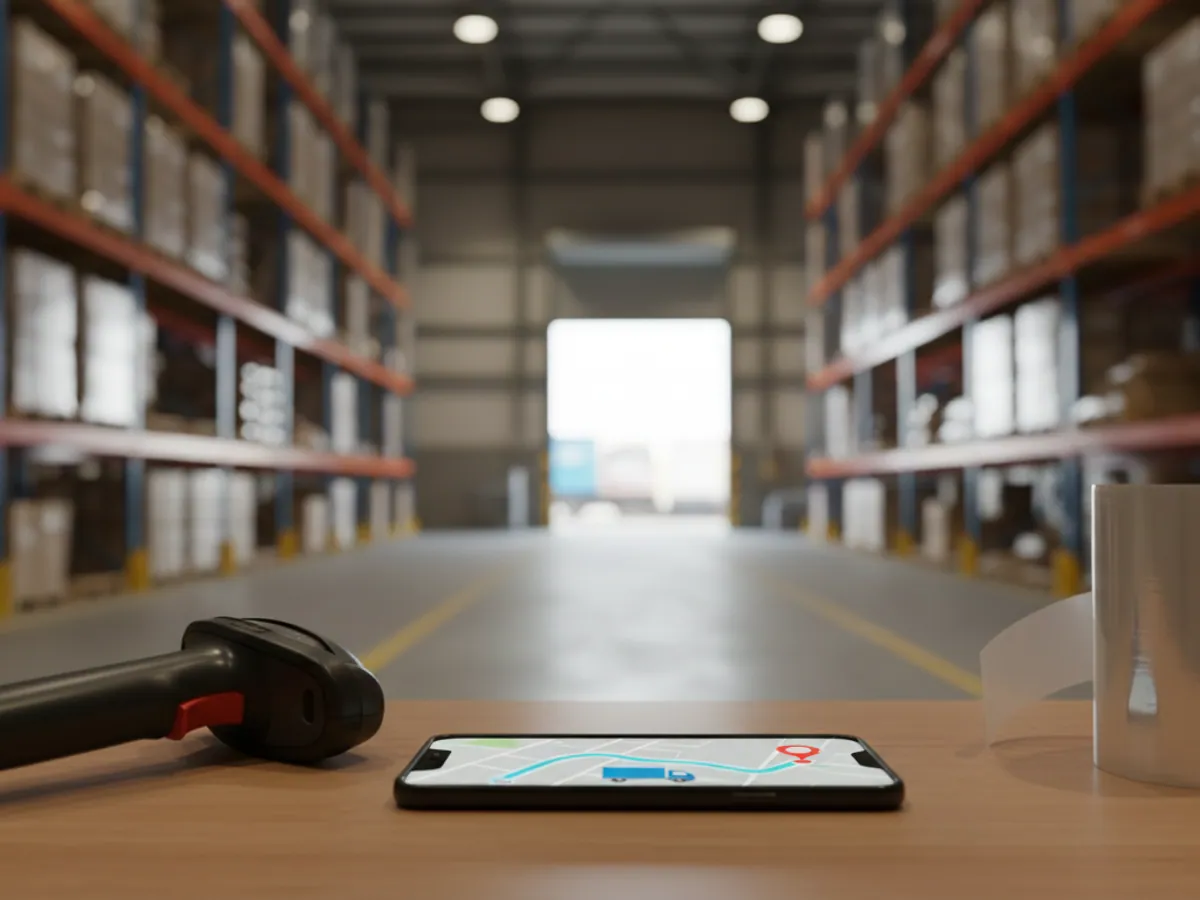 Anbarın qəbul masasındakı smartfon marşrutda bir maşın olan xəritəni göstərir