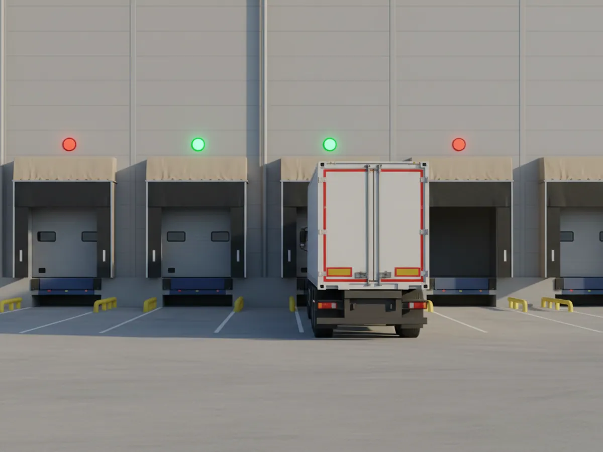 A semi-trailer reversing to an open warehouse dock under a green signal, the neighbouring doors closed